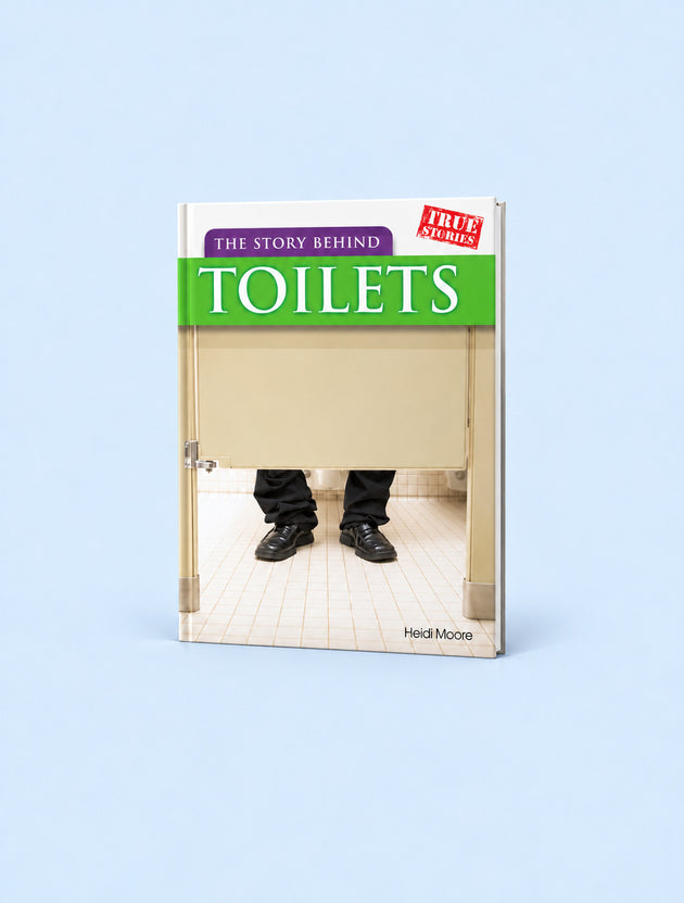 A hardcover book titled "The Story Behind Toilets" by Heidi Moore, standing upright on a light blue background. The cover features a humorous photo of a person's legs in black pants and shoes peeking out from behind a beige toilet stall door, with a green title banner and a red "True Stories" badge.